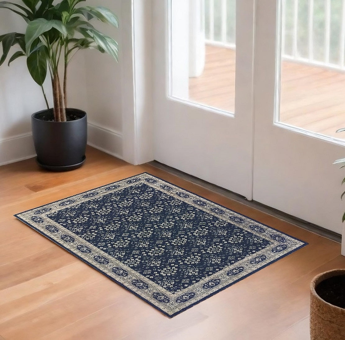 2' X 8' Navy And Gray Floral Ditsy Runner Rug