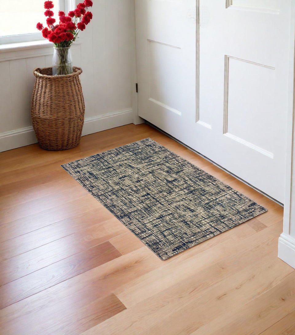 2' X 8' Gray And Navy Abstract Runner Rug