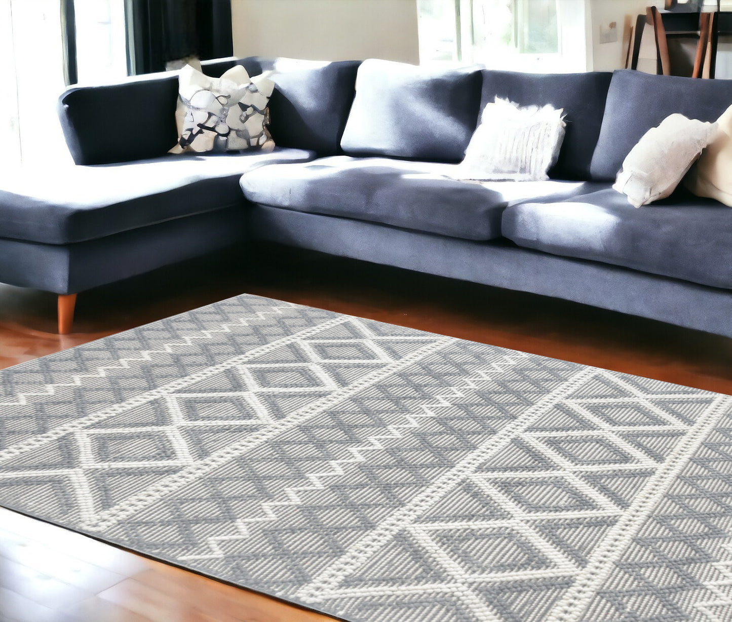 9' X 13' Gray Ivory Diamonds Boho Chic Area Rug