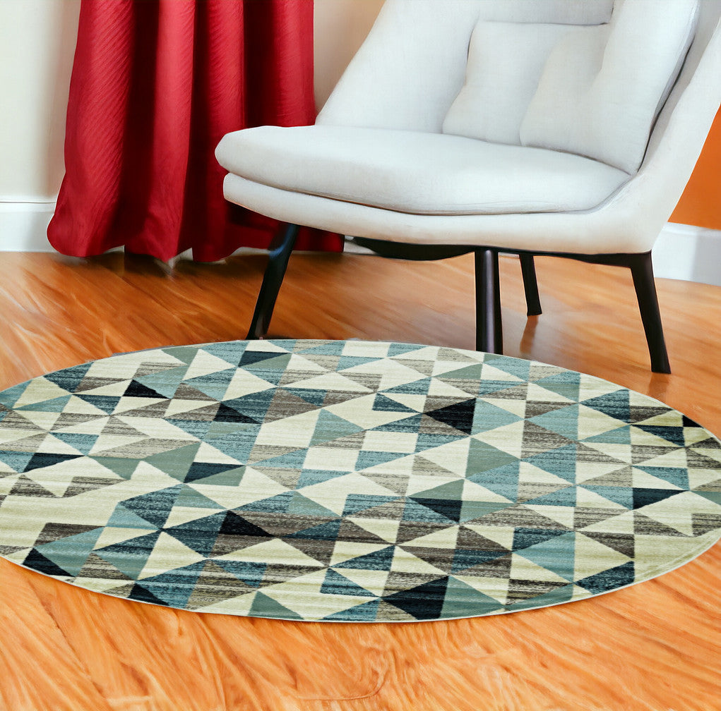 8' Blue Round Geometric Area Rug