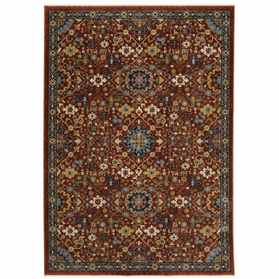 6' X 9' Red Blue Gold And Ivory Oriental Power Loom Stain Resistant Area Rug With Fringe