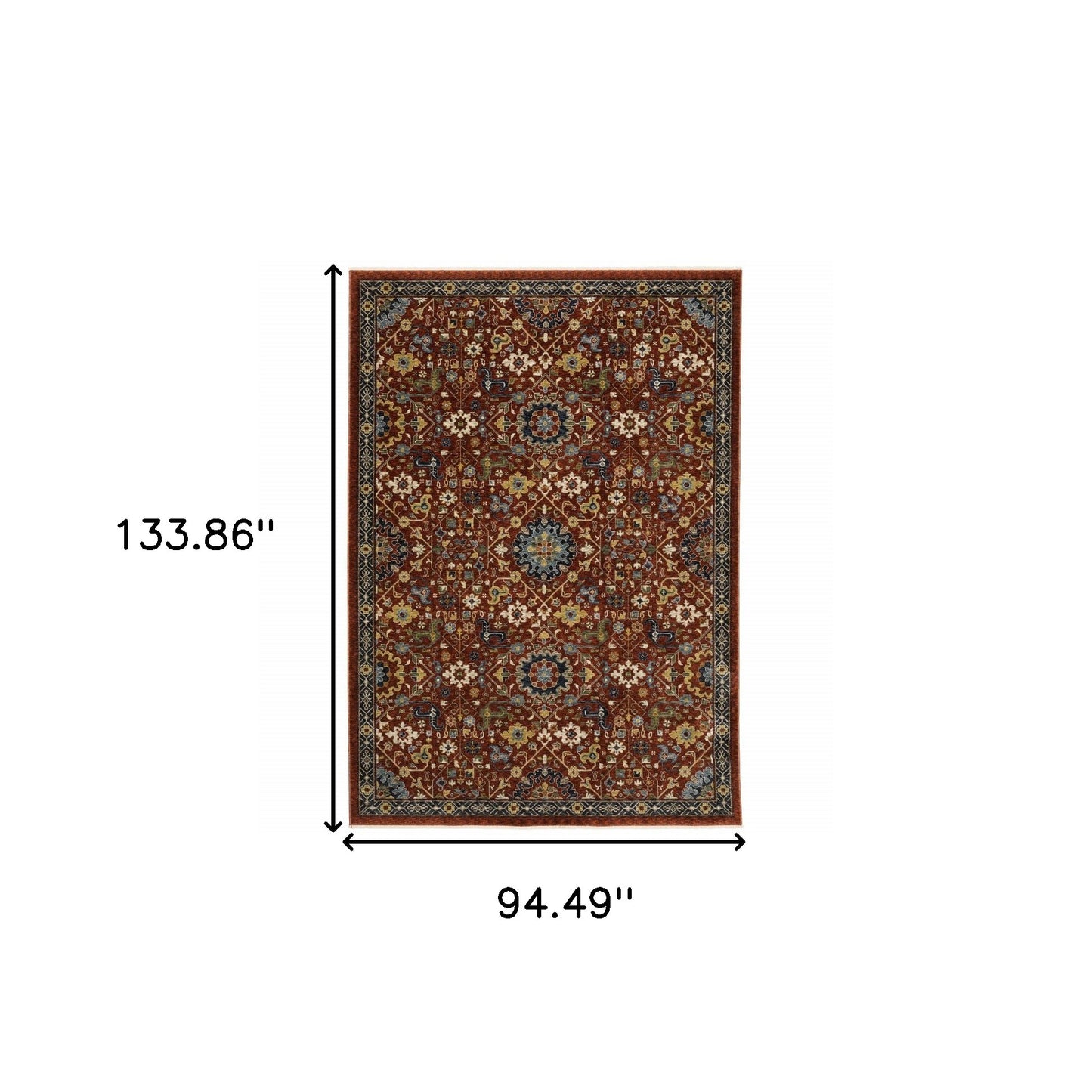 8' X 11' Red Blue Gold And Ivory Oriental Power Loom Stain Resistant Area Rug With Fringe