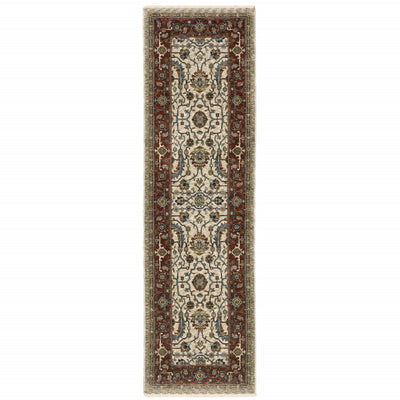 2' X 8' Ivory Red Green Grey Blue And Navy Oriental Power Loom Stain Resistant Runner Rug With Fringe