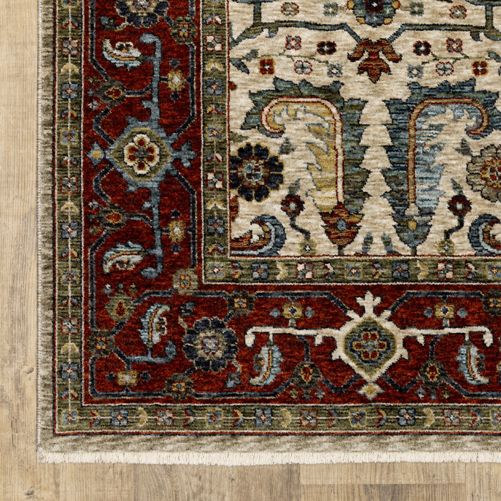 2' X 3' Ivory Red Green Grey Blue And Navy Oriental Power Loom Stain Resistant Area Rug With Fringe