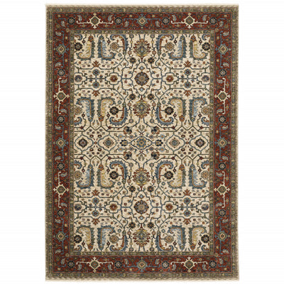 3' X 5' Ivory Red Green Grey Blue And Navy Oriental Power Loom Stain Resistant Area Rug With Fringe