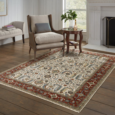 5' X 8' Ivory Red Green Grey Blue And Navy Oriental Power Loom Stain Resistant Area Rug With Fringe