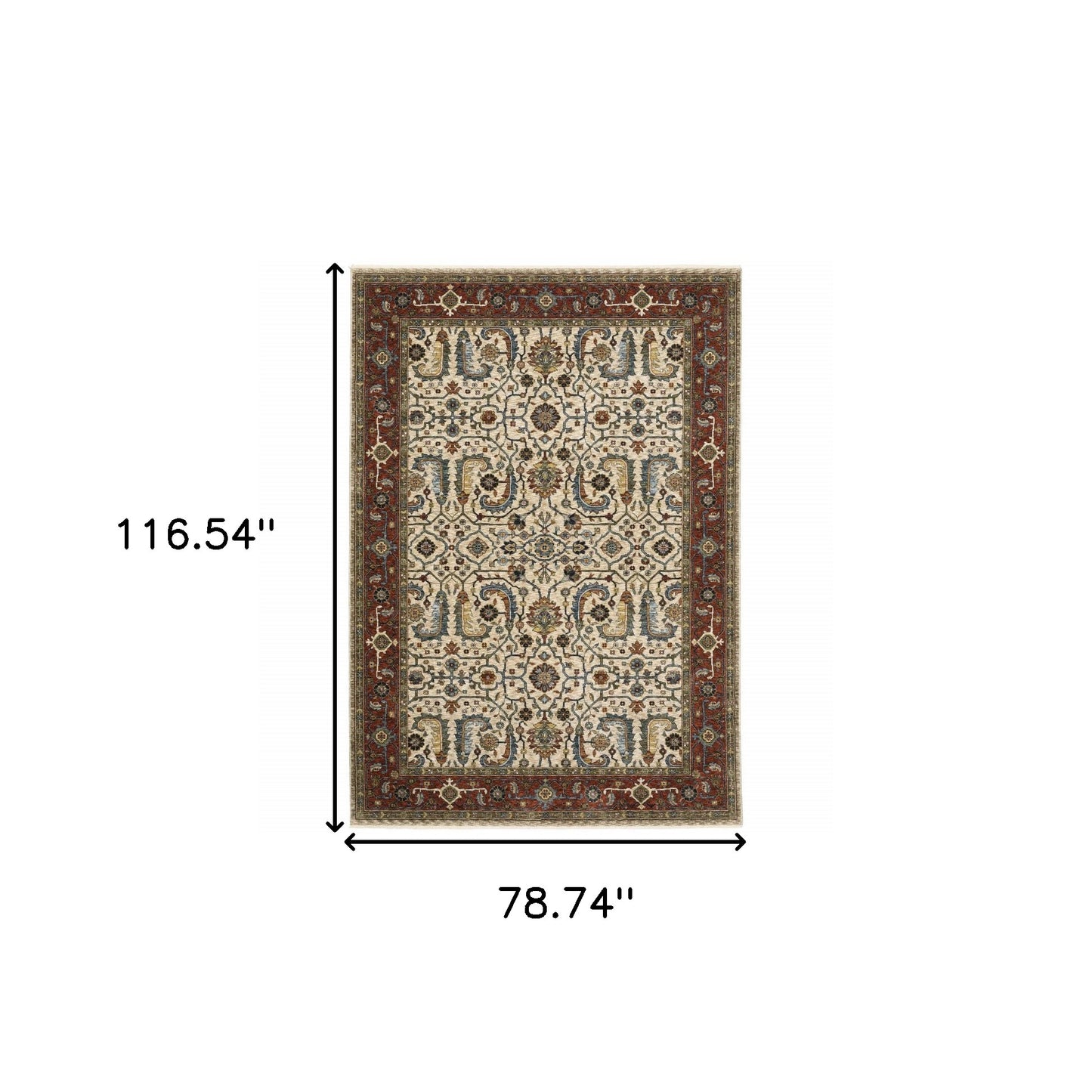 6' X 9' Ivory Red Green Grey Blue And Navy Oriental Power Loom Stain Resistant Area Rug With Fringe