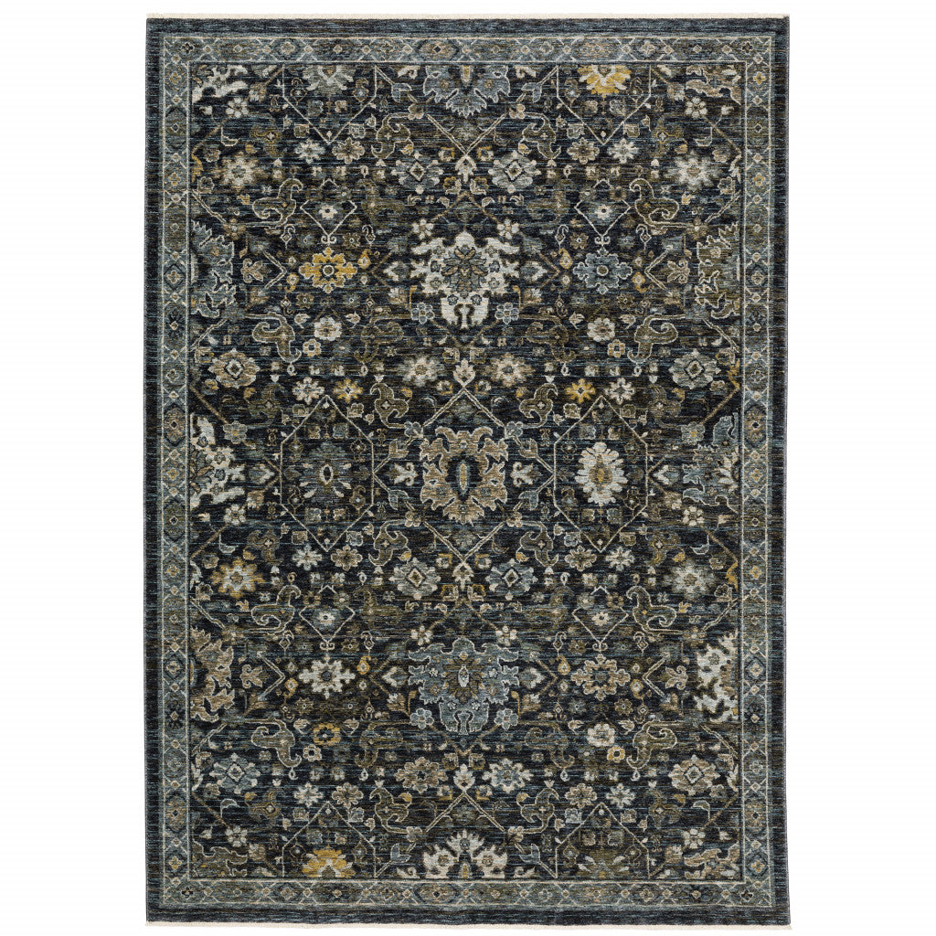 3' X 5' Blue Ivory Grey Gold Green And Brown Oriental Power Loom Stain Resistant Area Rug With Fringe