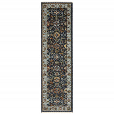 2' X 8' Blue And Beige Oriental Power Loom Runner Rug With Fringe