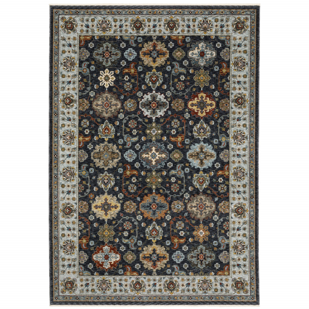 2' X 3' Blue Red Beige Yellow Grey Rust And Gold Oriental Power Loom Stain Resistant Area Rug With Fringe