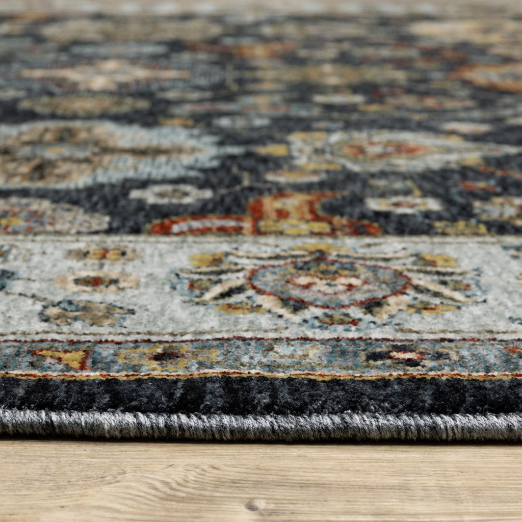 3' X 5' Blue Red Beige Yellow Grey Rust And Gold Oriental Power Loom Stain Resistant Area Rug With Fringe