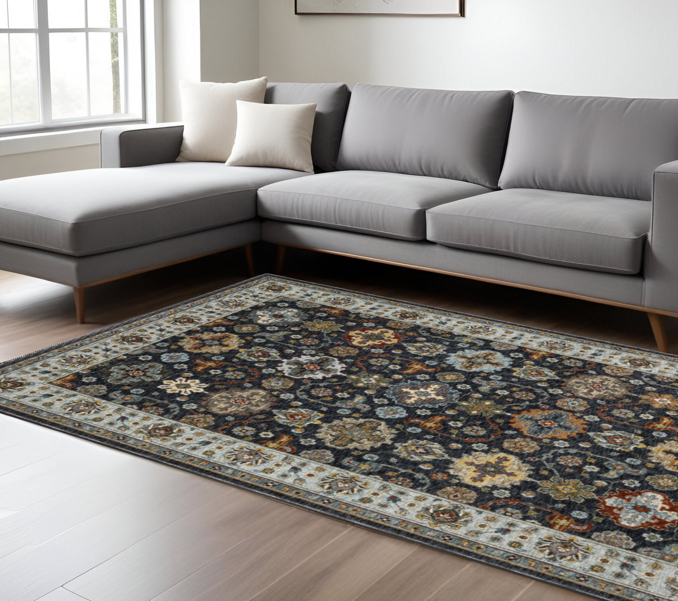 8' X 11' Blue Red Beige Yellow Grey Rust And Gold Oriental Power Loom Stain Resistant Area Rug With Fringe