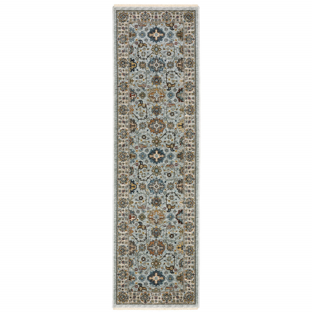 8' Blue And Ivory Oriental Power Loom Runner Rug With Fringe