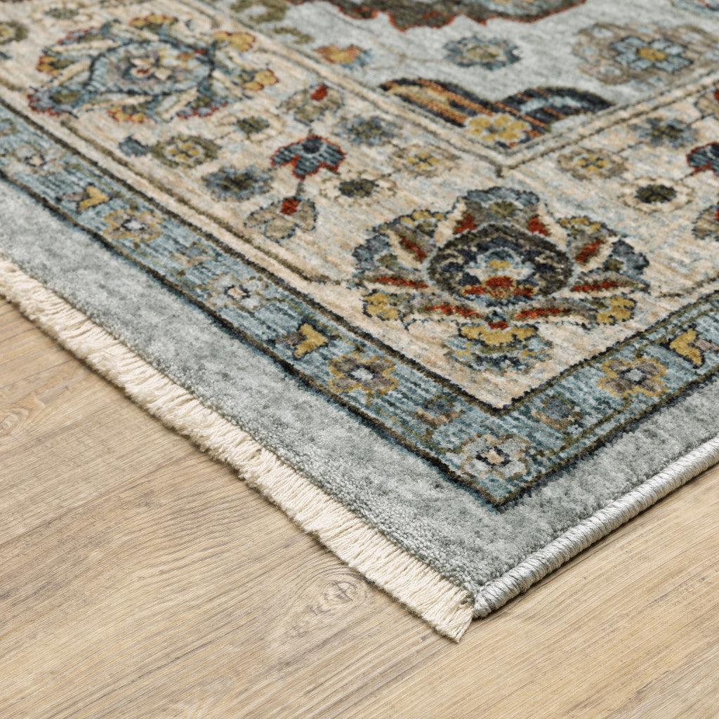 8' Blue And Ivory Oriental Power Loom Runner Rug With Fringe