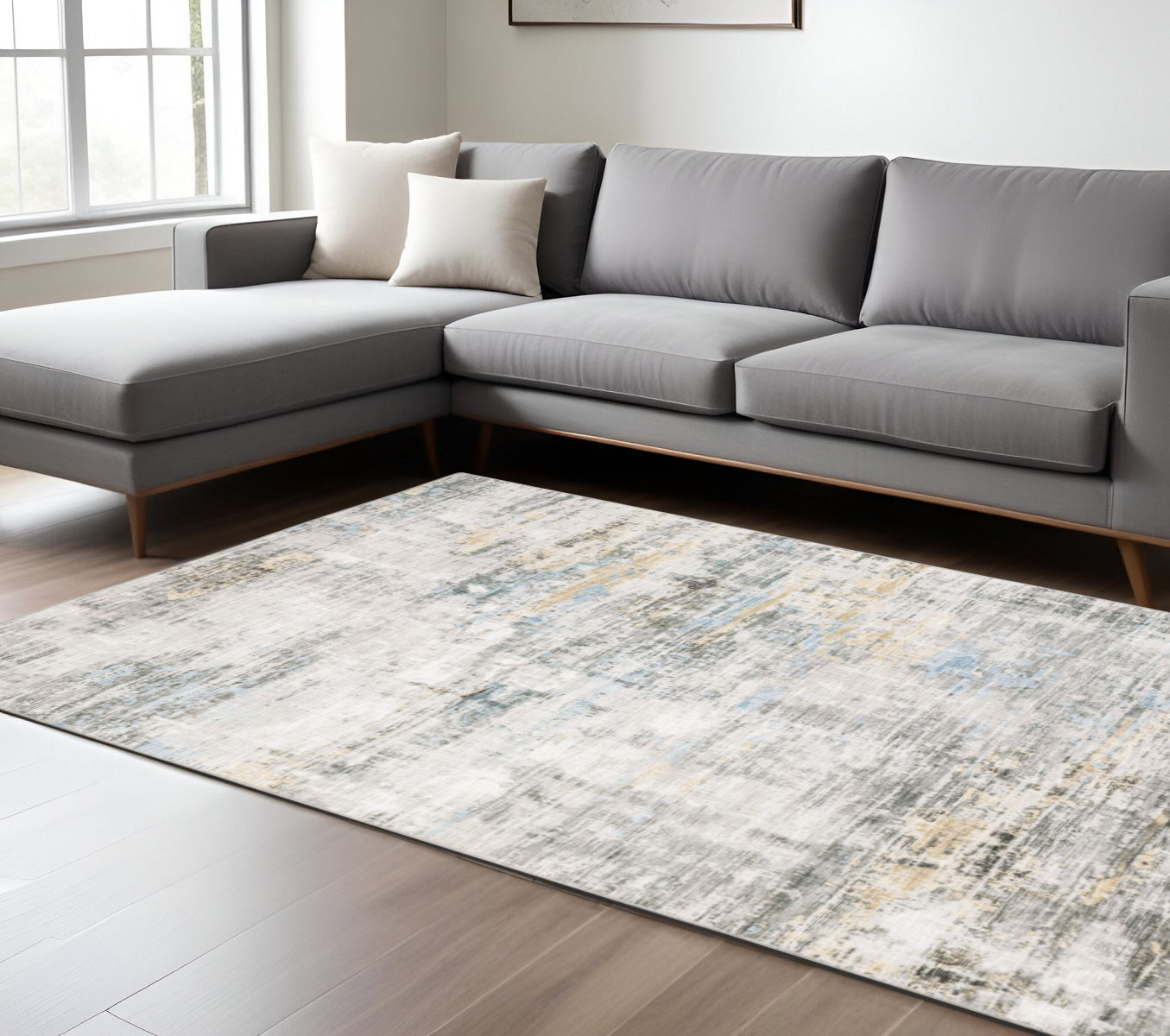 8' X 10' Grey Gold Blue Beige And Green Abstract Power Loom Stain Resistant Area Rug