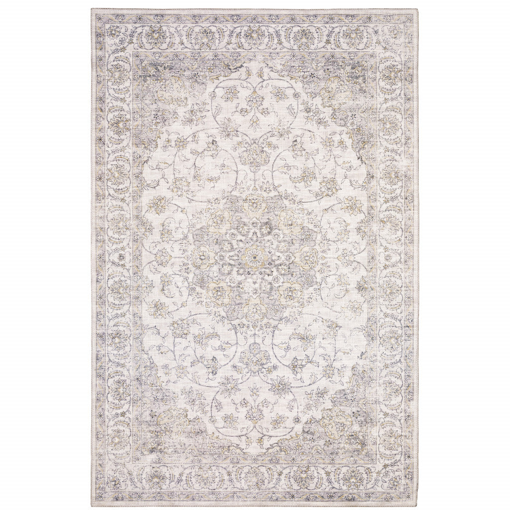 5' X 7' Beige Gold And Grey Oriental Power Loom Stain Resistant Area Rug