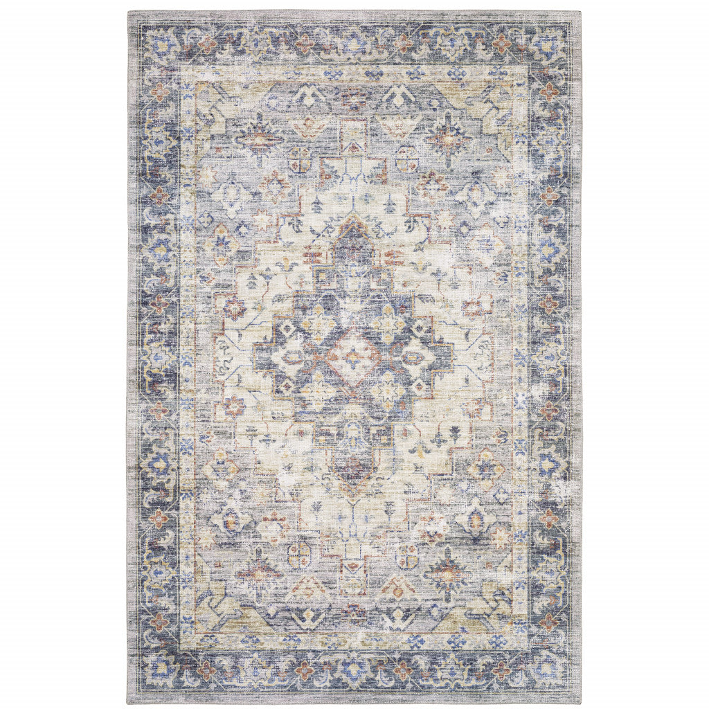 5' X 7' Blue Gold Grey Orange Yellow And Purple Oriental Power Loom Stain Resistant Area Rug