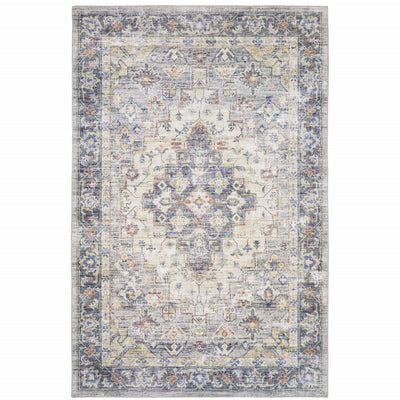 5' X 7' Blue Gold Grey Orange Yellow And Purple Oriental Power Loom Stain Resistant Area Rug