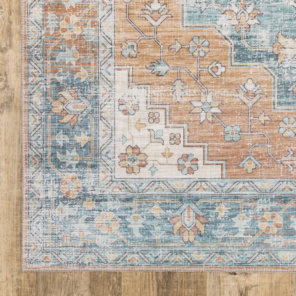 2' X 8' Orange Blue Teal Green And Beige Oriental Power Loom Stain Resistant Runner Rug