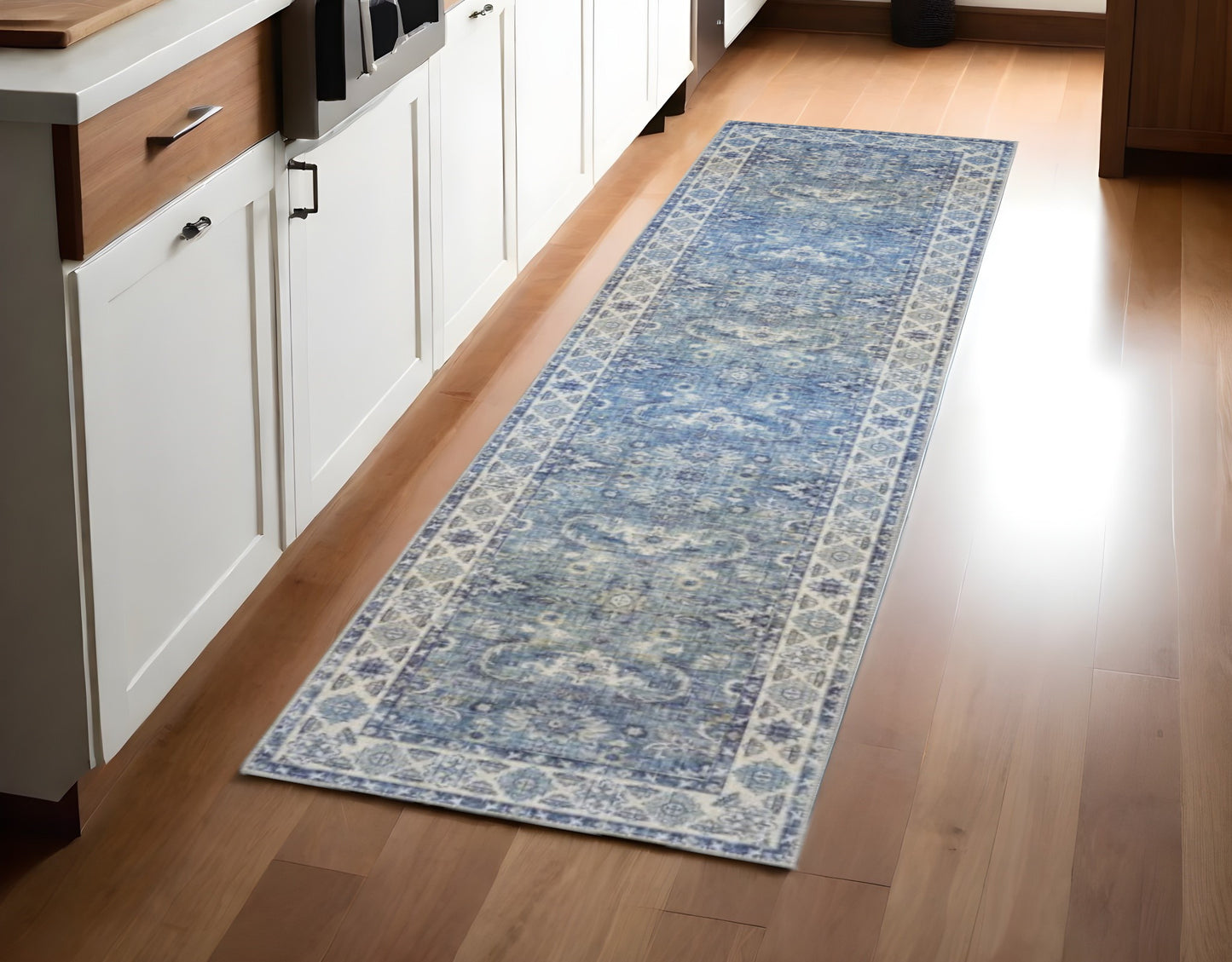 2' X 8' Blue And Grey Oriental Power Loom Stain Resistant Runner Rug