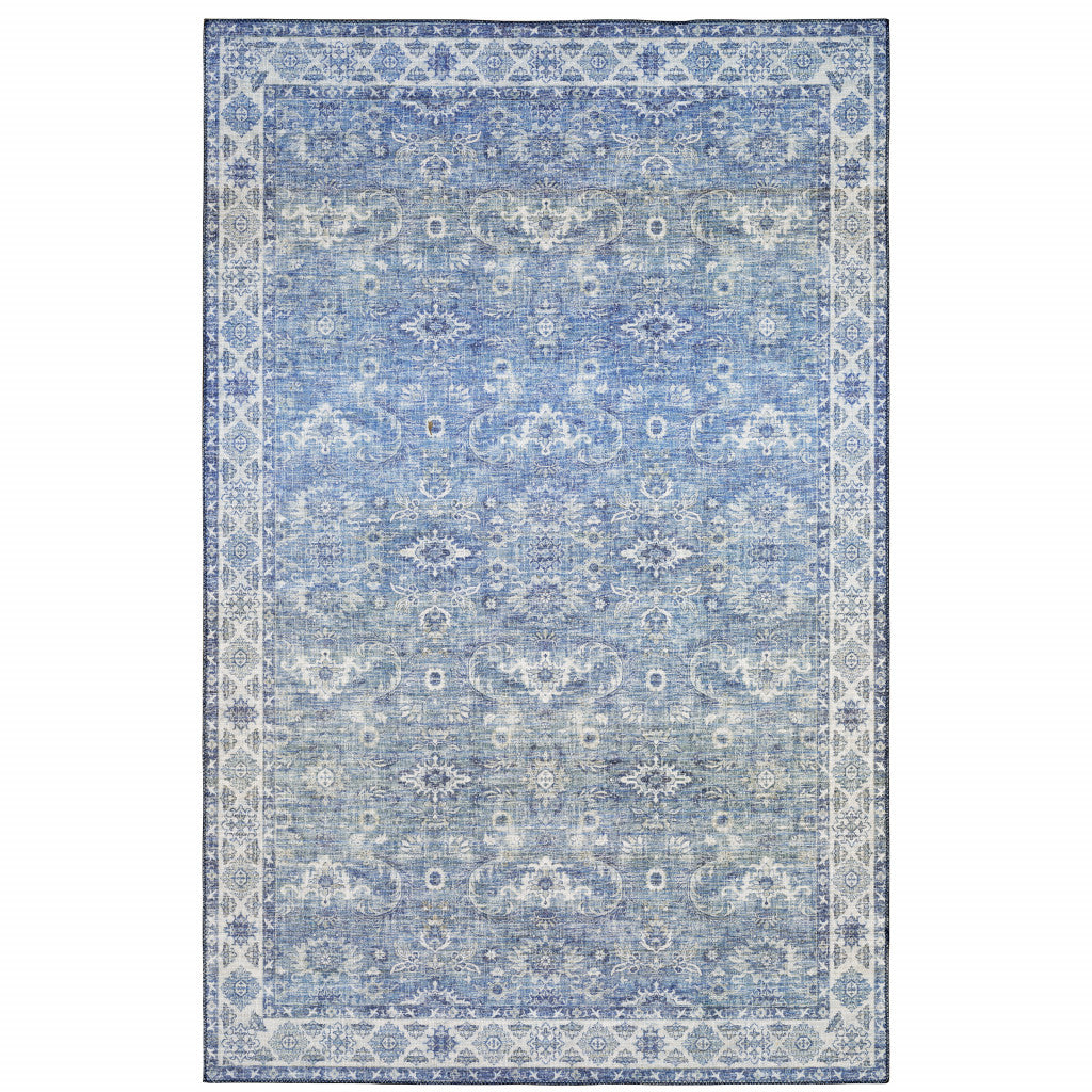 5' X 7' Blue And Grey Oriental Power Loom Stain Resistant Area Rug