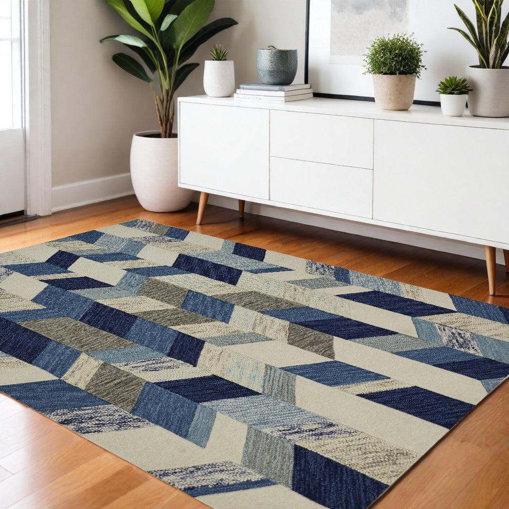 4' X 6' Blue Ivory And Gray Wool Geometric Tufted Handmade Area Rug