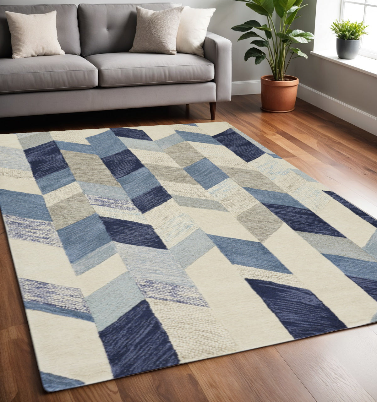 4' X 6' Blue Ivory And Gray Wool Geometric Tufted Handmade Area Rug