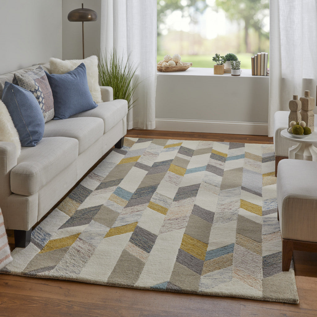 4' X 6' Blue Ivory And Gray Wool Geometric Tufted Handmade Area Rug