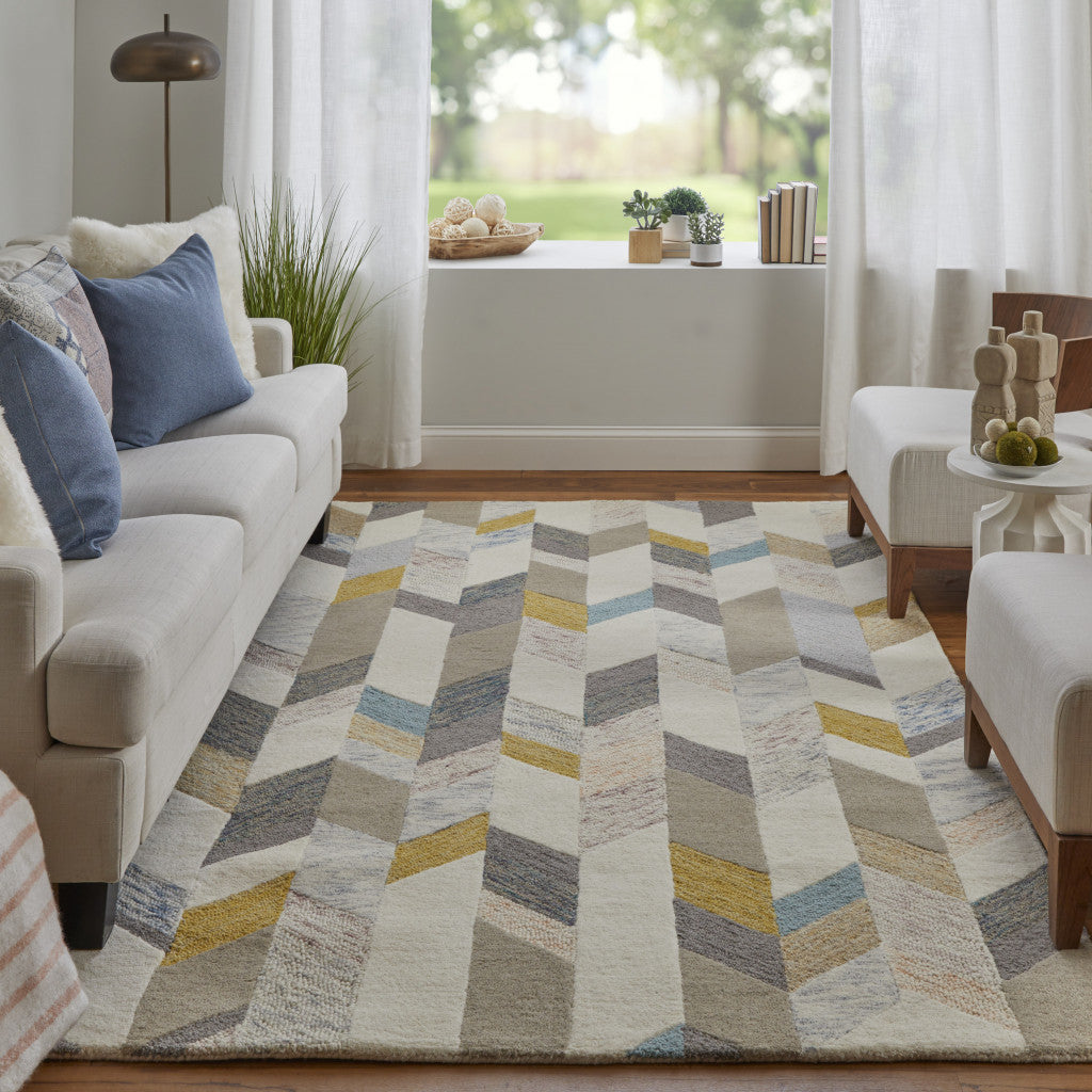 4' X 6' Blue Ivory And Gray Wool Geometric Tufted Handmade Area Rug