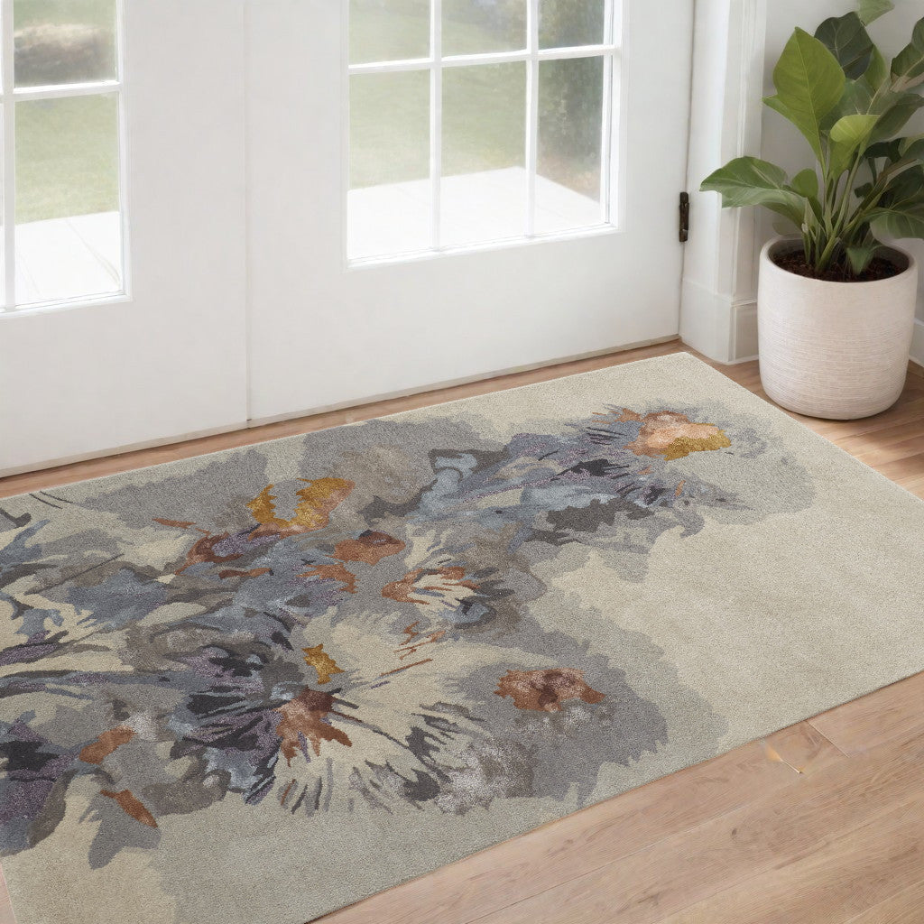 4' X 6' Blue and Gray Wool Floral Hand Tufted Area Rug