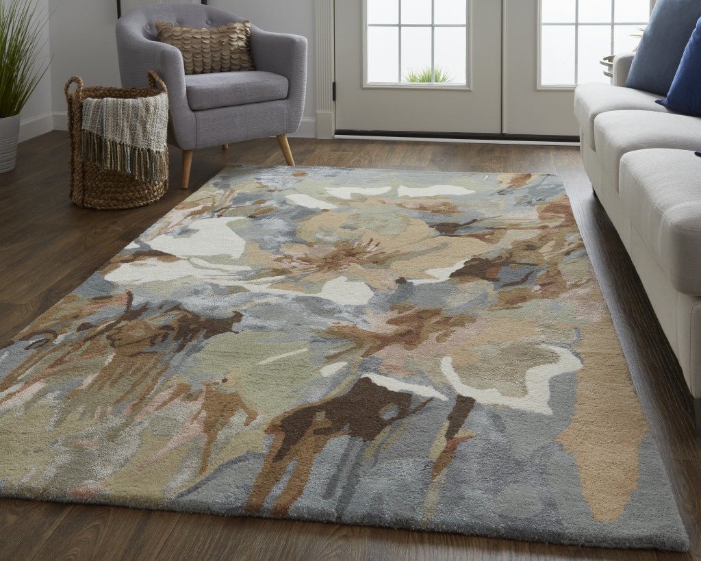 4' X 6' Tan and Gray Wool Floral Hand Tufted Area Rug