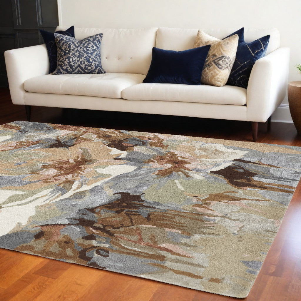 4' X 6' Tan and Gray Wool Floral Hand Tufted Area Rug