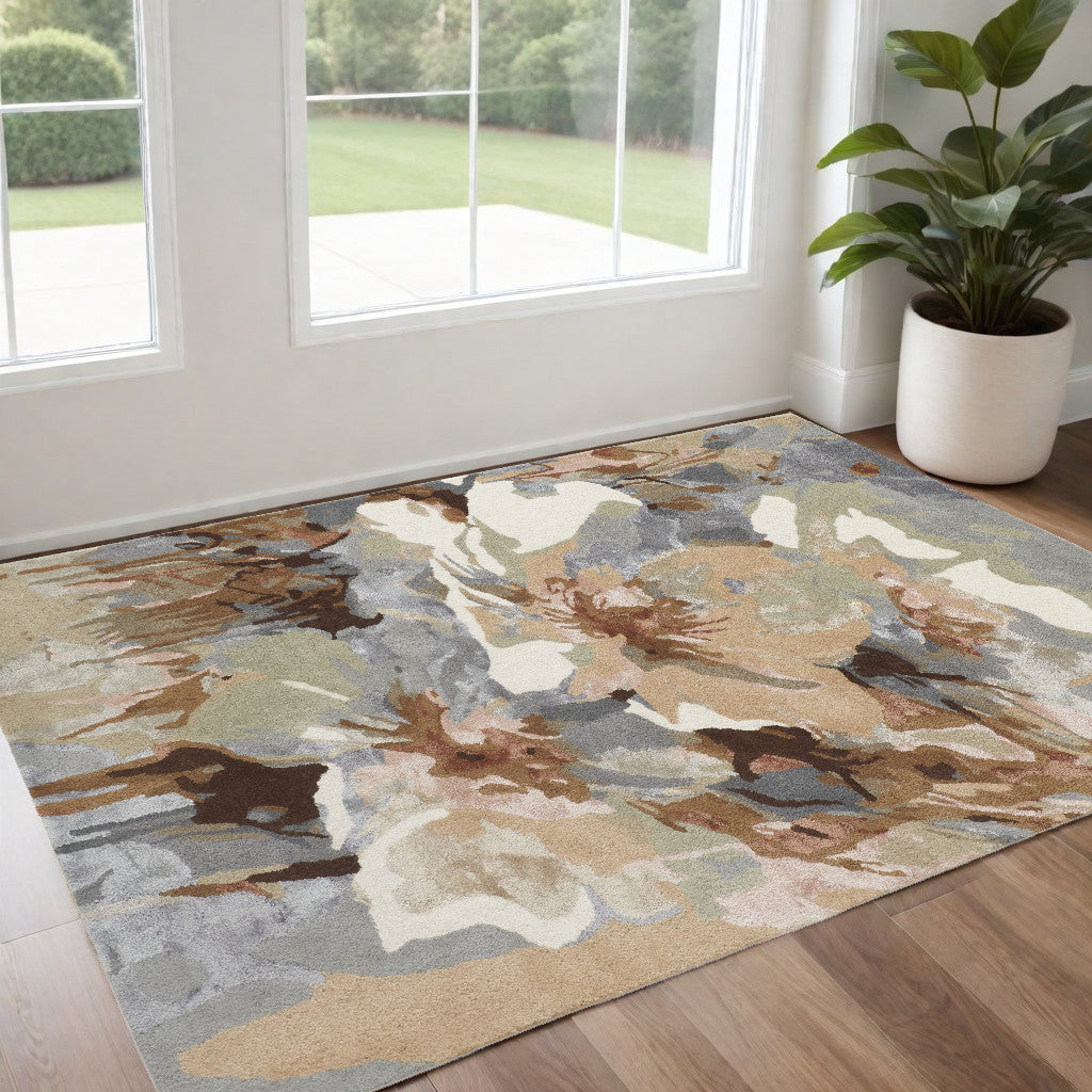 4' X 6' Tan and Gray Wool Floral Hand Tufted Area Rug