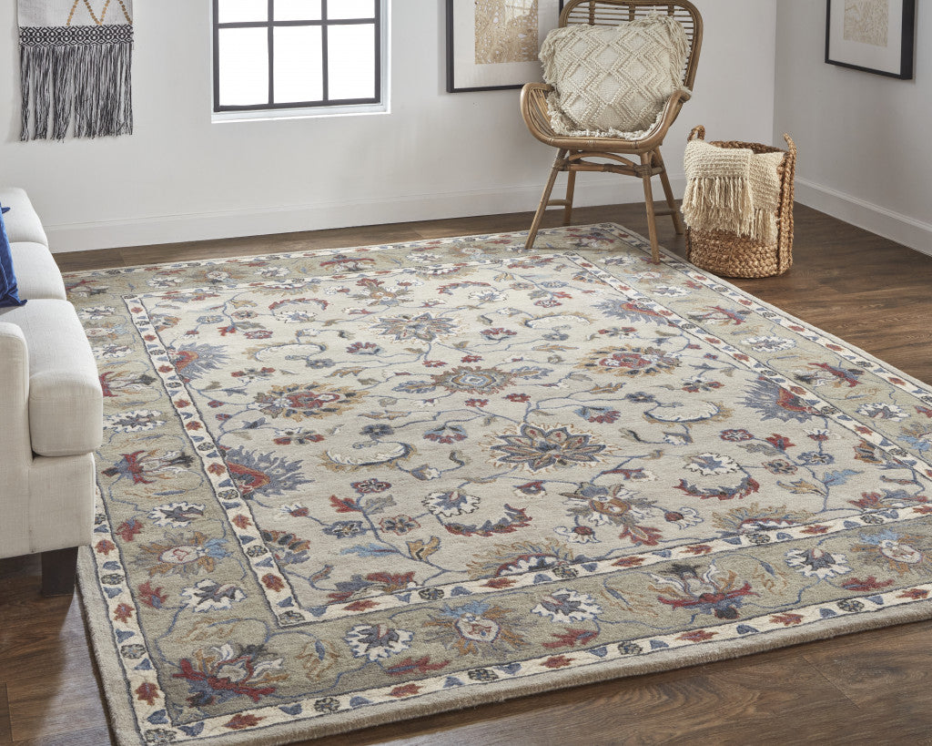 4' X 6' Ivory and Blue Wool Floral Hand Tufted Area Rug