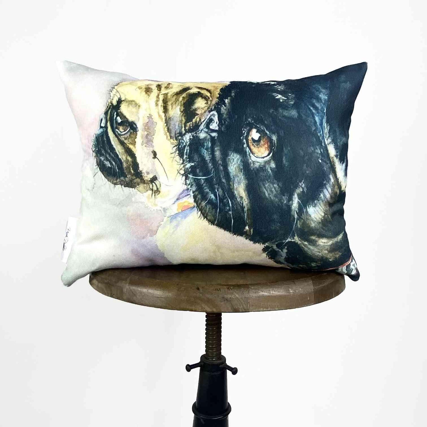 Hand-Made Watercolor Pugs Pillow Cover (18x12) - Featuring Original Artwork by George Dyachenko