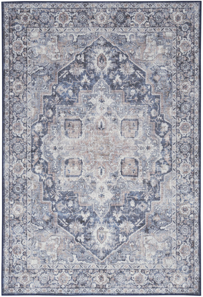 8' X 10' Blue And Pink Floral Power Loom Distressed Washable Area Rug