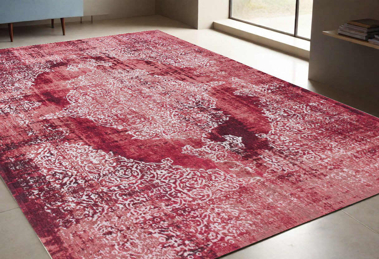 5' X 7' Red and White Oriental Non Skid Area Rug