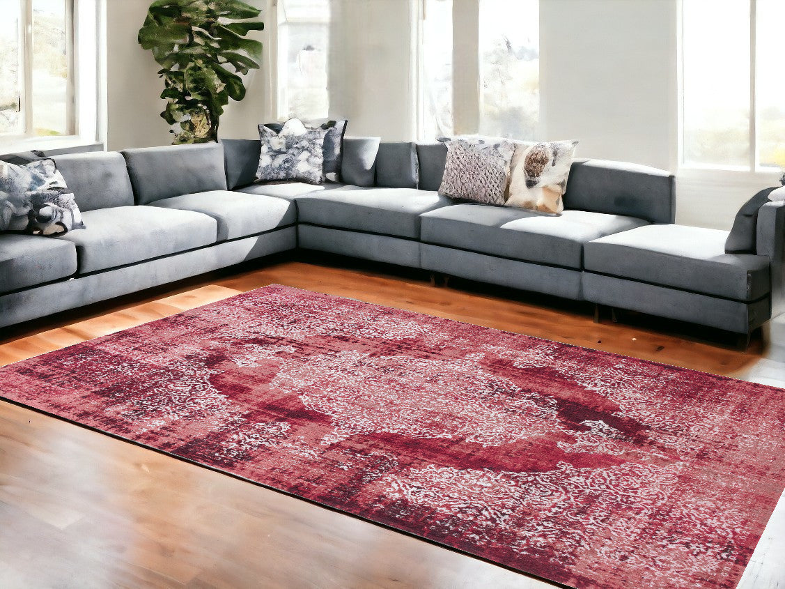 6' X 8' Red and White Oriental Non Skid Area Rug