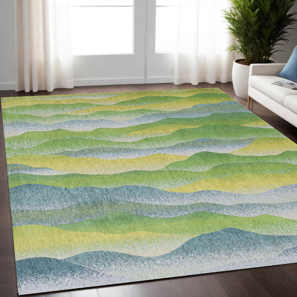 5' X 7' Green and Yellow Abstract Non Skid Area Rug