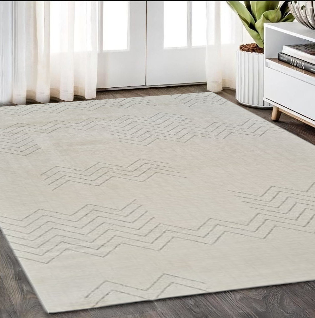 5' X 8' Cream and Beige Abstract Distressed Area Rug