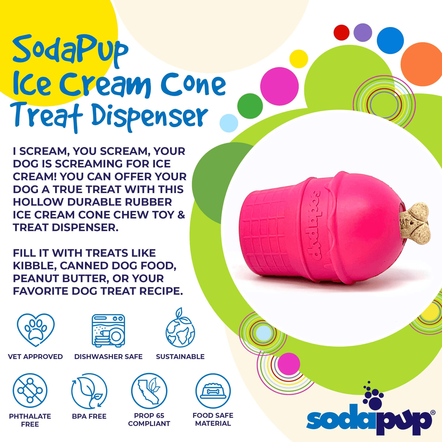 Durable Ice Cream Cone Chew Toy and Treat Dispenser for Dogs