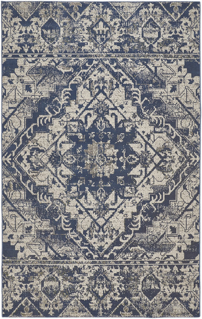 6' X 9' Gray Blue and Ivory Oriental Power Loom Area Rug