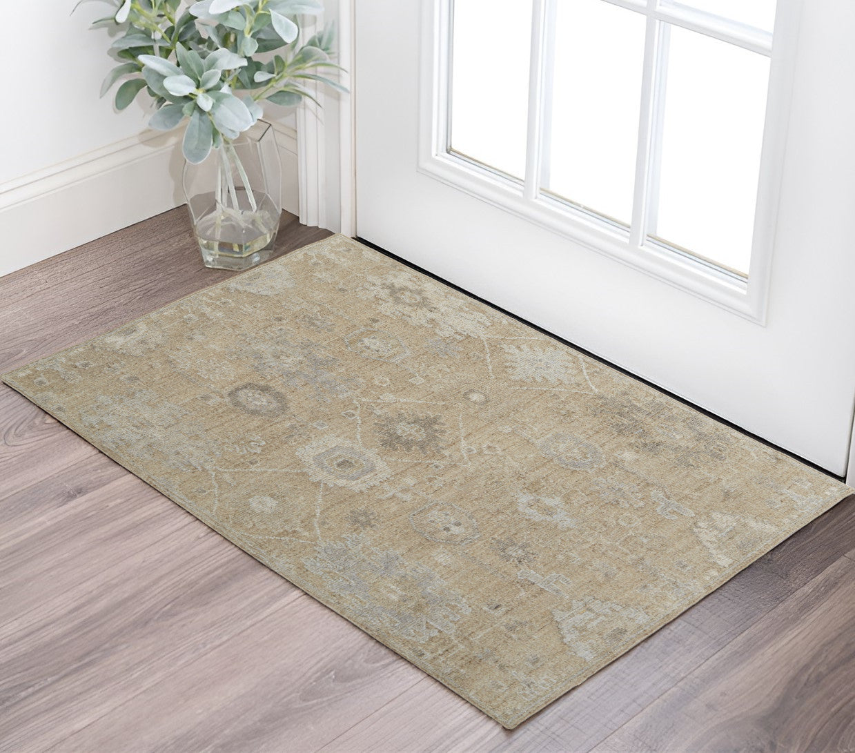 6' X 9' Tan and Ivory Wool Floral Hand Knotted Area Rug