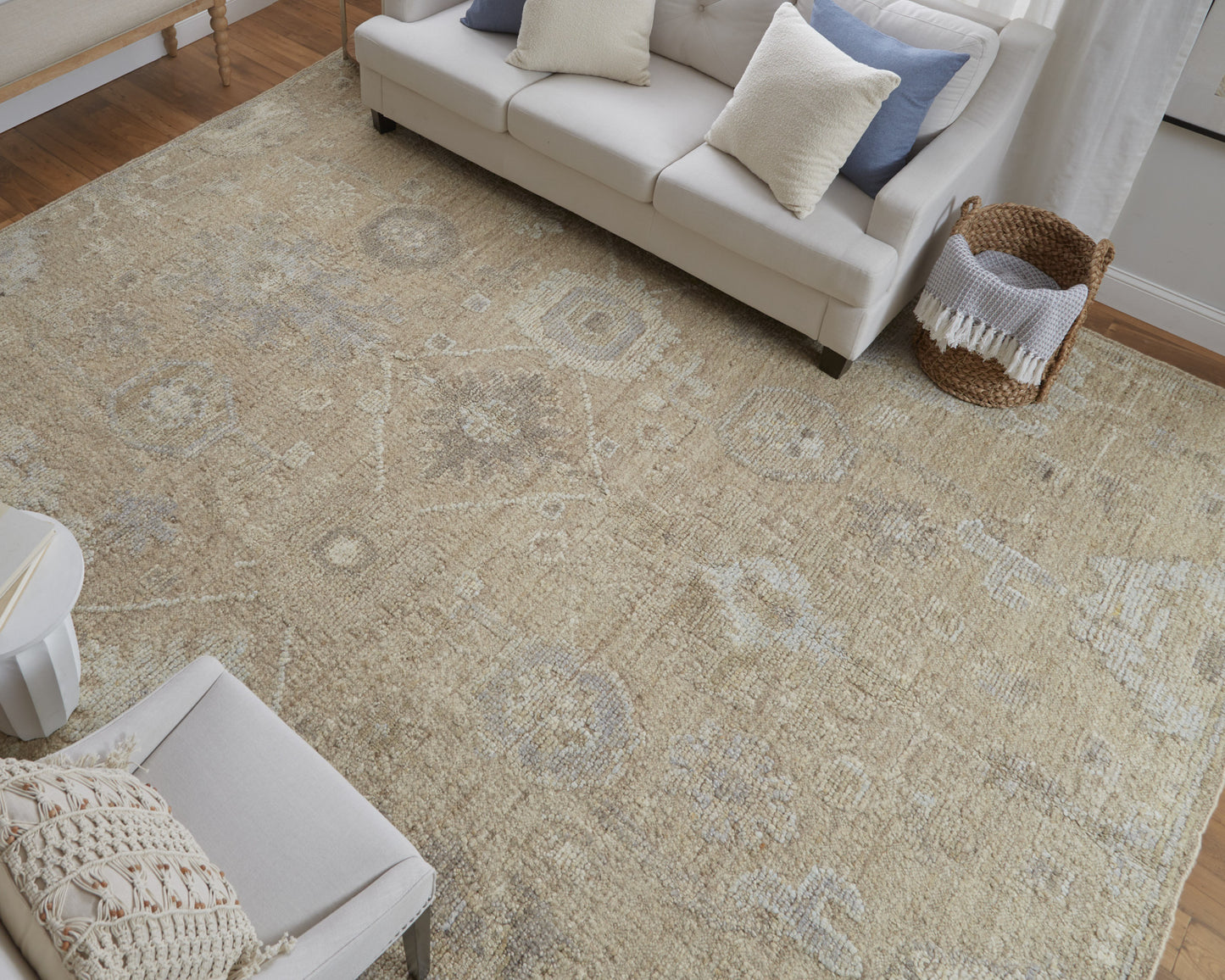 6' X 9' Tan and Ivory Wool Floral Hand Knotted Area Rug