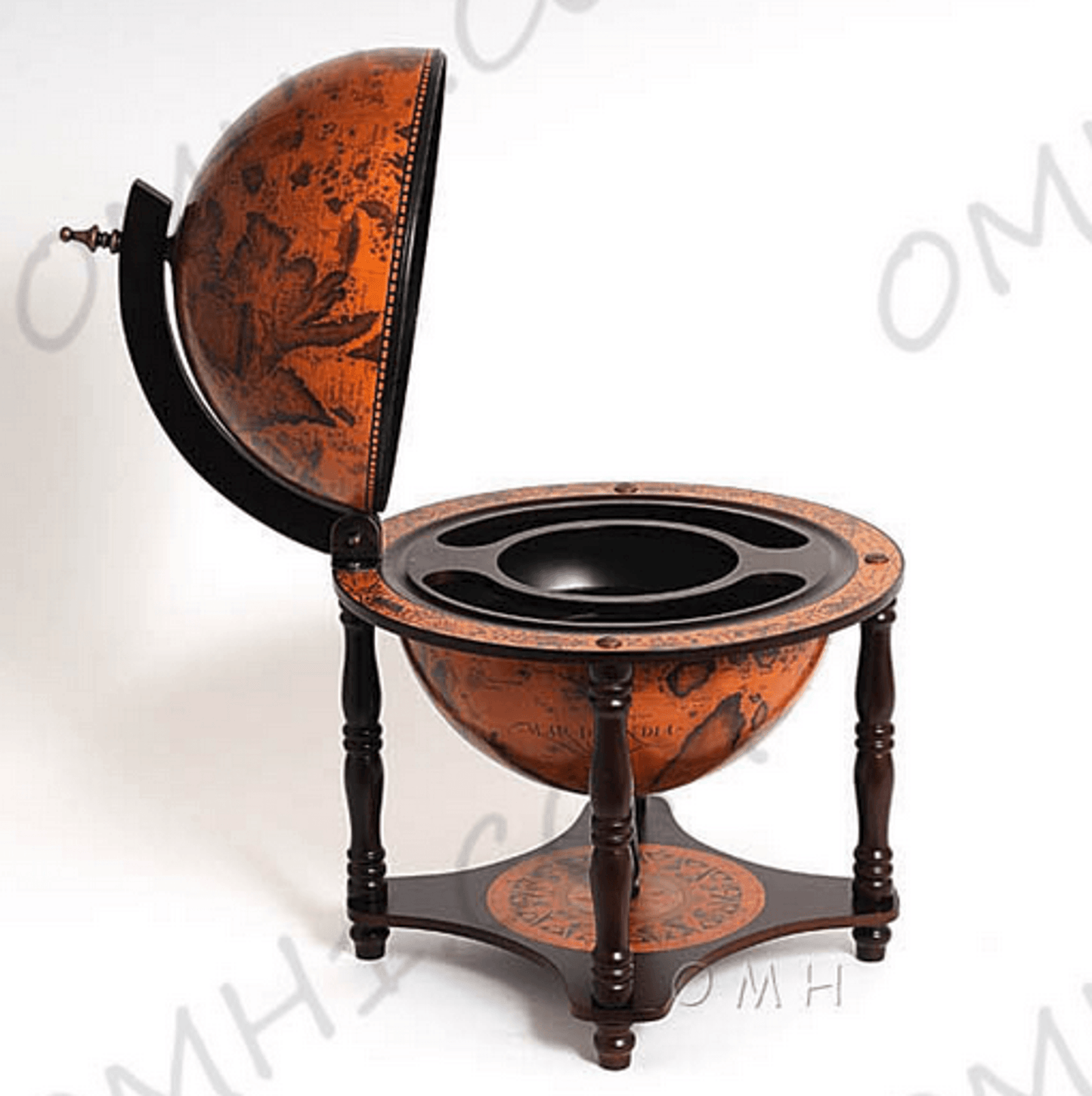 Nautical Globe Bar With Hidden Cabinet - 13 Inch Red Mahogany Stand