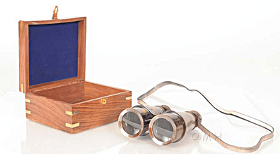 Antique Brass Binoculars With Leather Overlay In Wooden Case