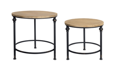 Set Of 2 Ornate Metal And Wood Side Tables With Distressed Finish