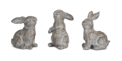 Charming Trio Of Carved Wood-Effect Rabbit Figurines - Set Of 6