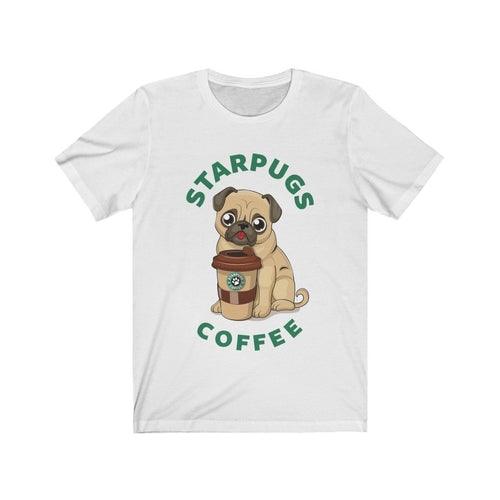 Pug Loves Coffee Dogs Lover T-shirt: Unisex Retail Fit 100% Soft Cotton Tee with Vinyl Print, Designed & Printed in USA