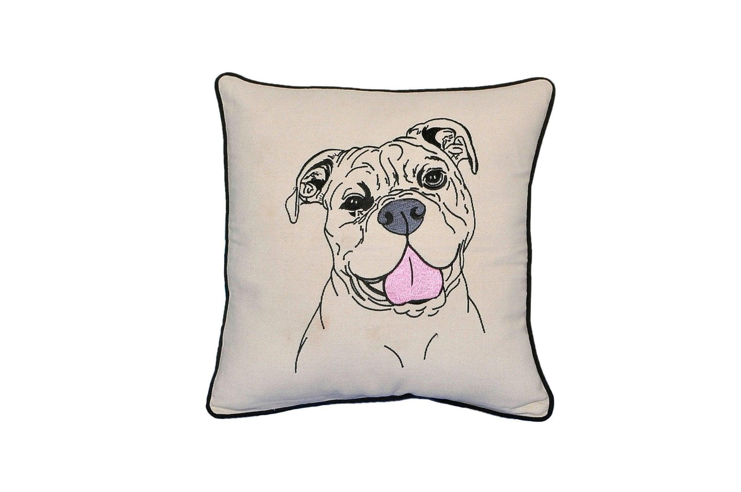 American Bull Dog Portrait Embroidered Cotton Canvas Pillow - Dog Hugs Cat